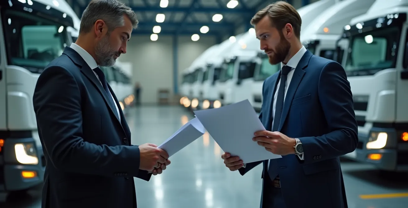 Illustration symbolique montrant une équipe industrielle consultant des documents financiers et techniques avec des camions électriques en arrière-plan