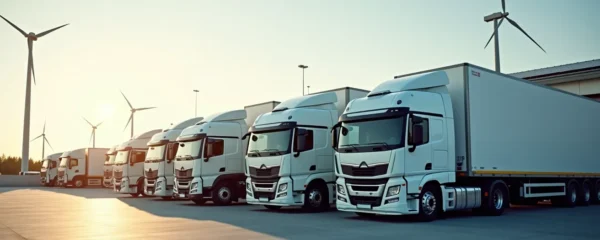 Vue conceptuelle symbolique d'une flotte industrielle de camions électriques évoluant vers la transition énergétique