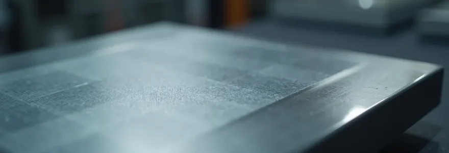 Vue macro d'une pièce métallique avec un traitement de surface brillant et texturé illustrant la haute technologie et la durabilité
