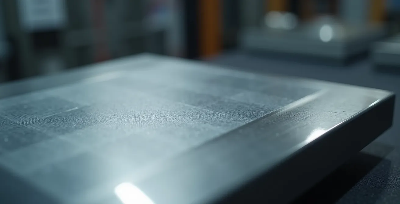 Vue macro d'une pièce métallique avec un traitement de surface brillant et texturé illustrant la haute technologie et la durabilité