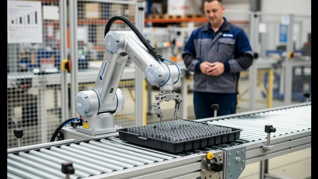 Robot collaboratif cobot effectuant tâche manutention supervision opérateur industriel