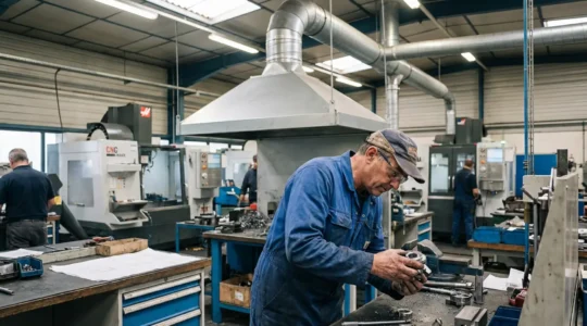 Opérateur industriel inspectant pièce métallique près d'un système d'extraction d'air en atelier