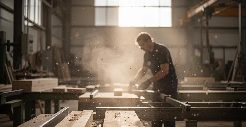 Particules de poussière en suspension dans un atelier industriel révélées par la lumière
