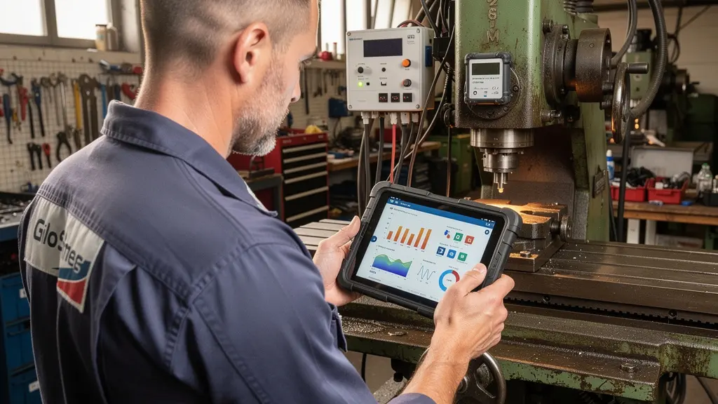 Technicien maintenance inspectant machine industrielle avec capteur IoT et tablette données prédictives