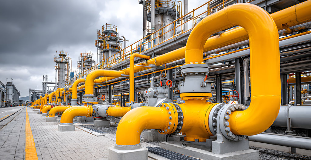 Vue d'ensemble d'une installation industrielle avec assemblages boulonnés et tuyauteries