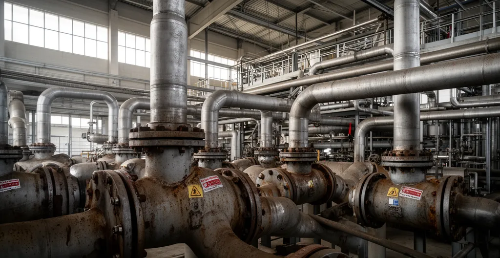 Vue d'ensemble d'une installation industrielle avec assemblages boulonnés et tuyauteries