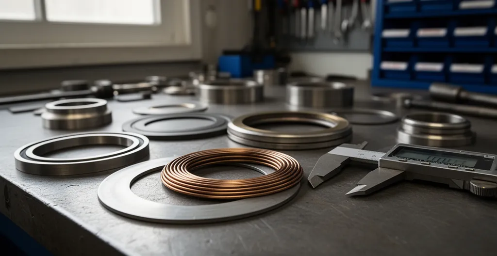 Différents joints industriels semi-métalliques et plats sur établi d'atelier avec pied à coulisse