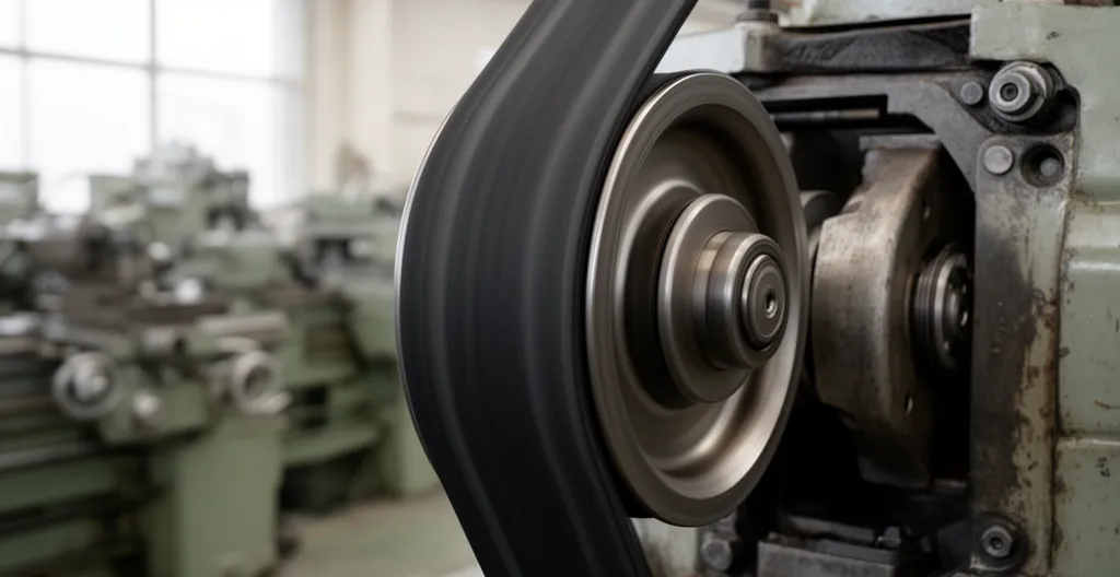 Système poulie-courroie trapézoïdale en fonctionnement sur équipement industriel