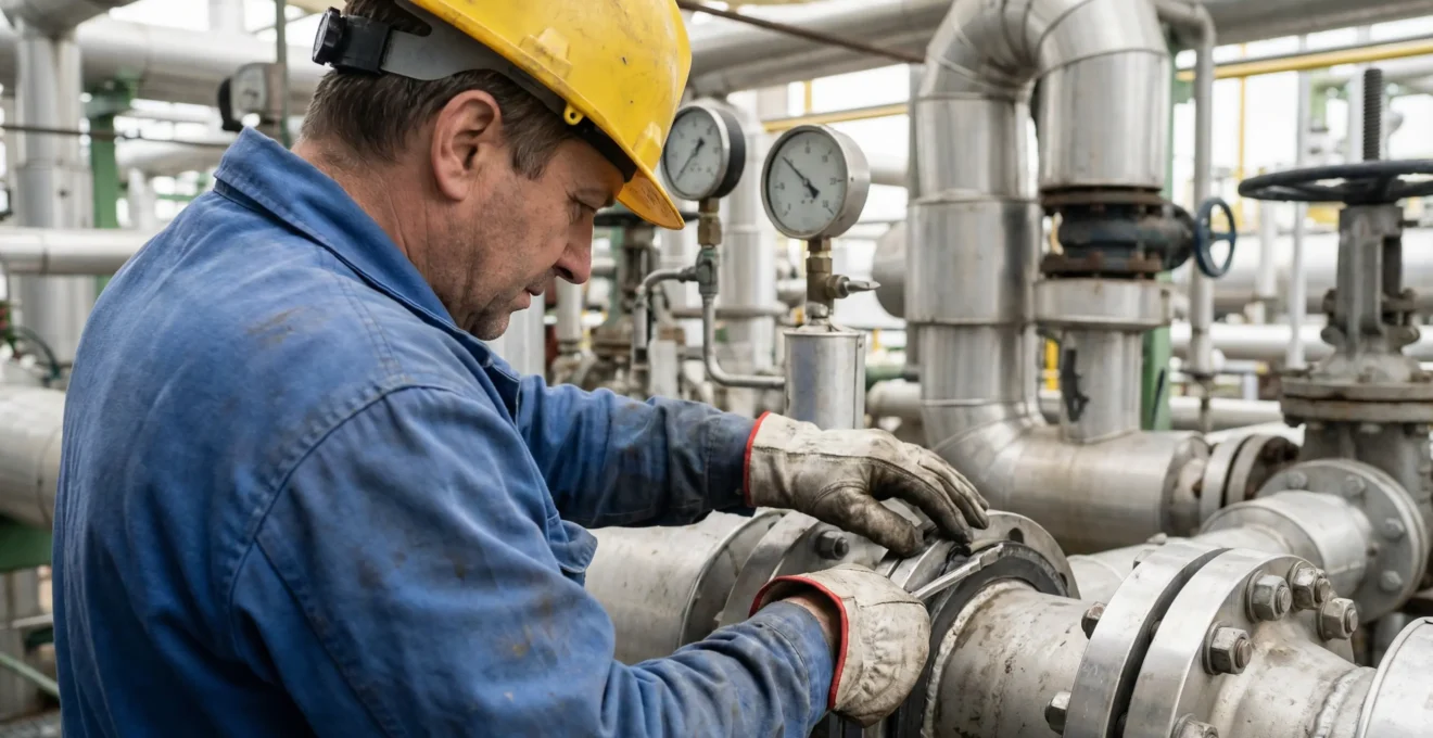Technicien industriel inspectant une connexion de bride sur installation pétrochimique