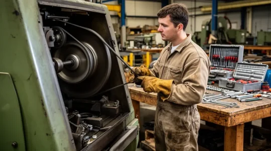 Technicien maintenance inspectant transmission courroie trapézoïdale sur machine industrielle