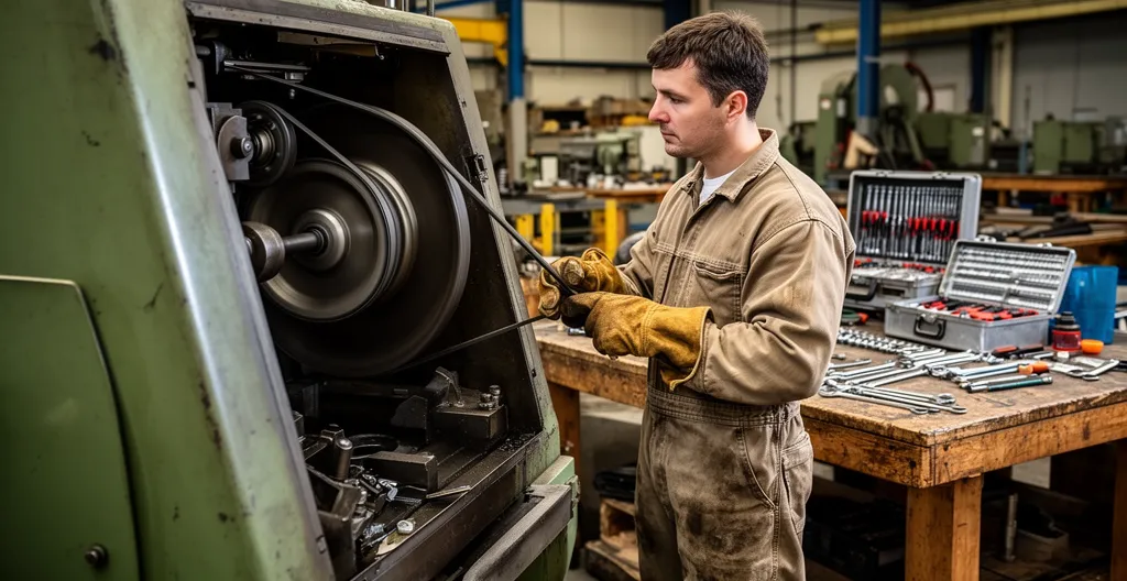 Technicien maintenance inspectant transmission courroie trapézoïdale sur machine industrielle