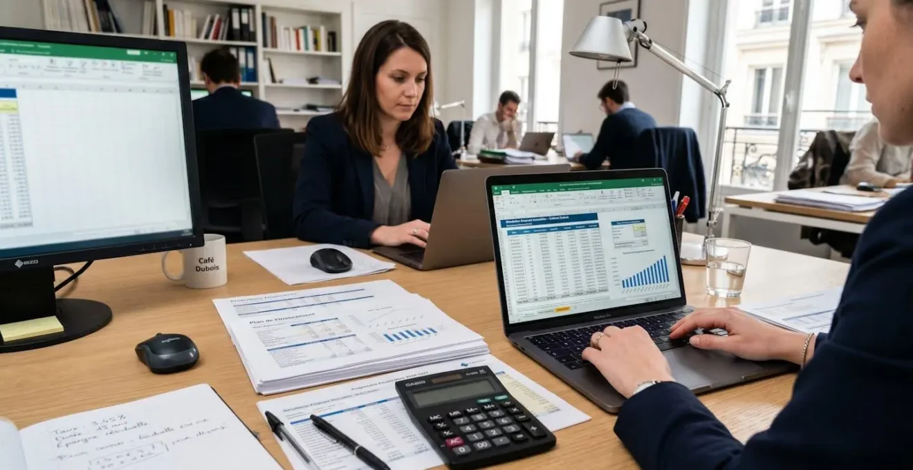Espace de travail avec documents financiers et simulation de prêt sur ordinateur portable