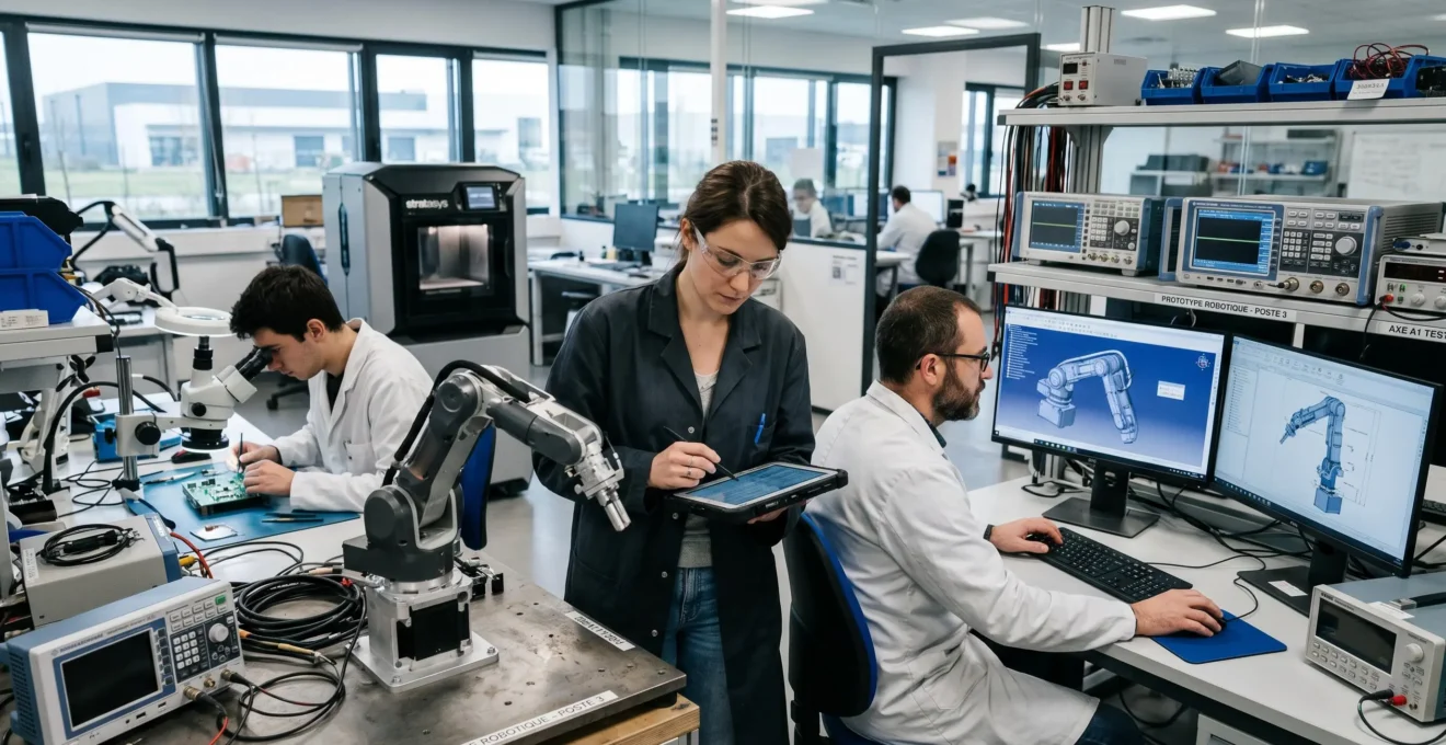 Laboratoire de recherche et développement avec ingénieurs travaillant sur des prototypes technologiques
