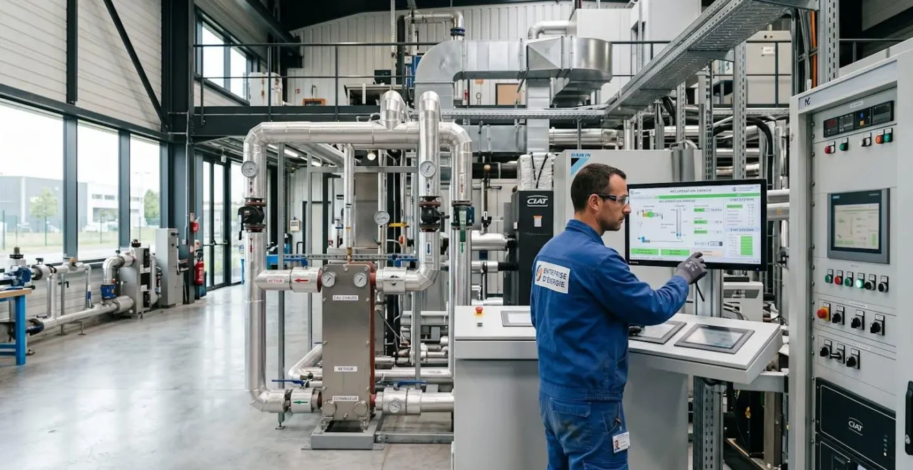 Technicien contrôlant des équipements de récupération énergétique dans un atelier industriel moderne