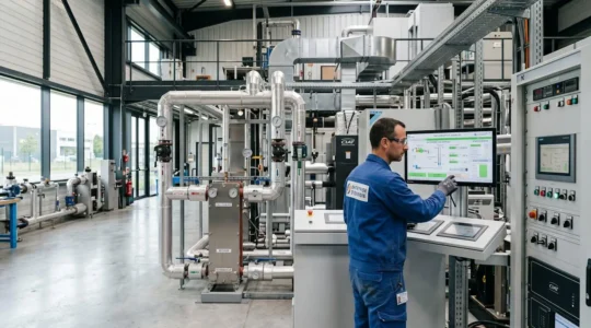 Technicien contrôlant des équipements de récupération énergétique dans un atelier industriel moderne